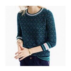 J Crew Tippi Navy Festive Striped Top 100% Merino Wool Pullover Sweater SZ M